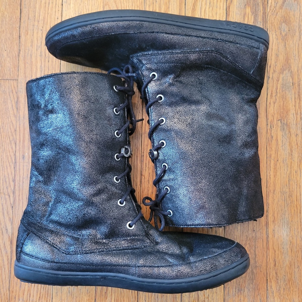 Coach 9.5 Boots Black Metallic Leather Faux Fur Lace Up Glam Combat Sneaker